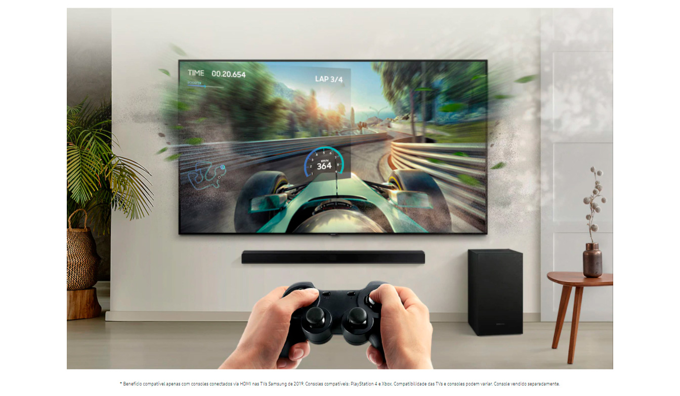 Soundbar Samsung HW-T555, com 2.1 canais, potência de 320W, Bluetooth, Subwoofer sem fio e DTS Virtual:X